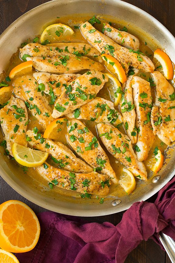 Skillet Citrus Chicken Tenders garnished with parsley