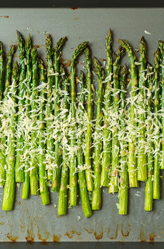 Roasted Parmesan Asparagus on metal baking tray