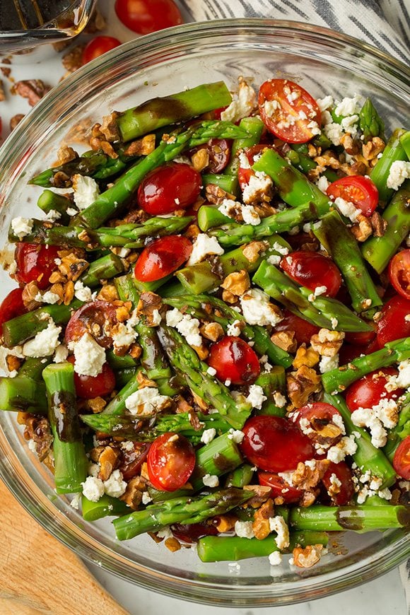 An overhead shot of an Asparagus, Tomato and Feta Salad
