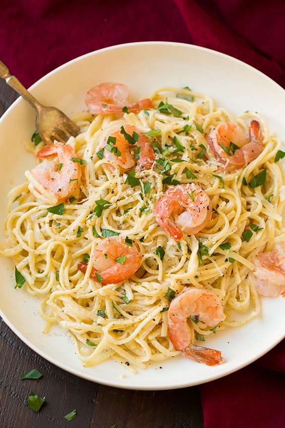 One Pan Creamy Parmesan Linguine with Shrimp Shrimp linguine on a serving plate.