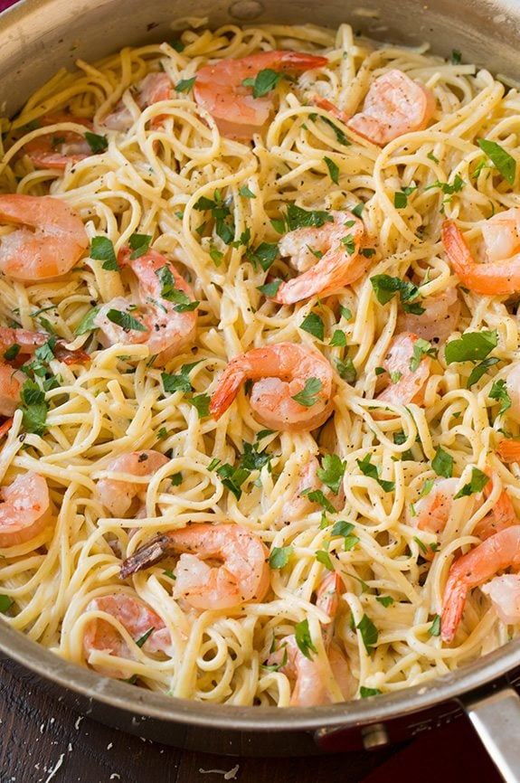One Pan Creamy Parmesan Linguine with Shrimp One pan creamy parmesan shrimp linguine in a saute pan.