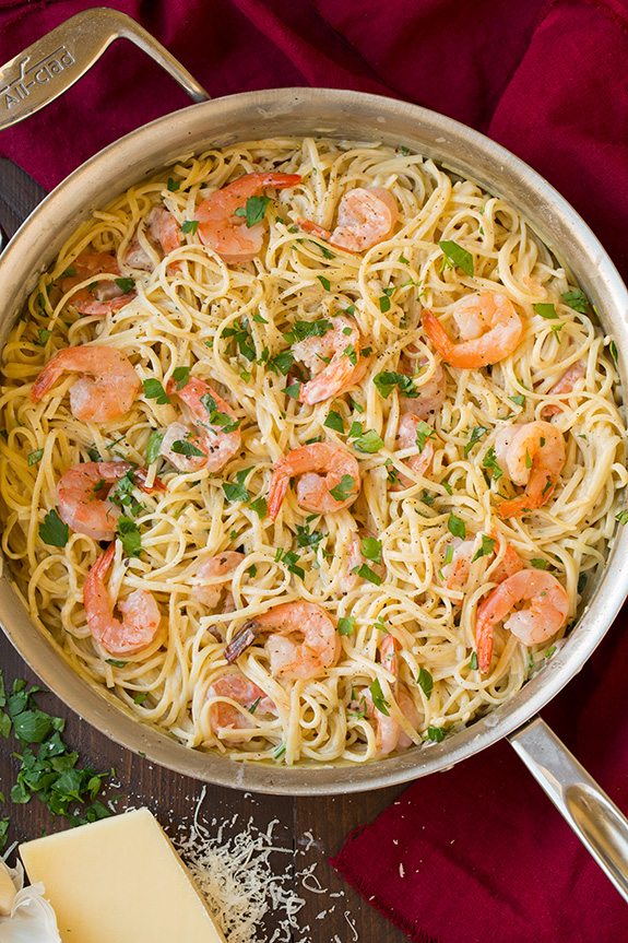 One Pan Creamy Parmesan Pasta with Shrimp Shrimp pasta in a skilet.