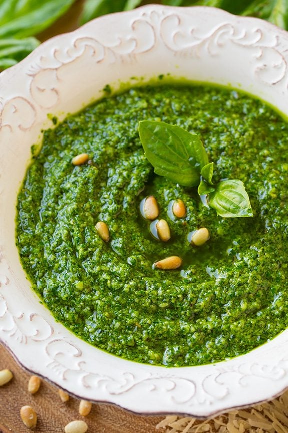 Homemade Basil Pesto in white bowl