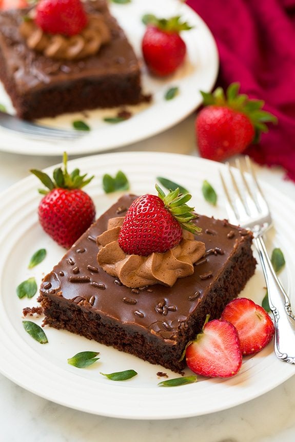 Chocolate Sheet Cake on Plate with Strawberries and mint garnish