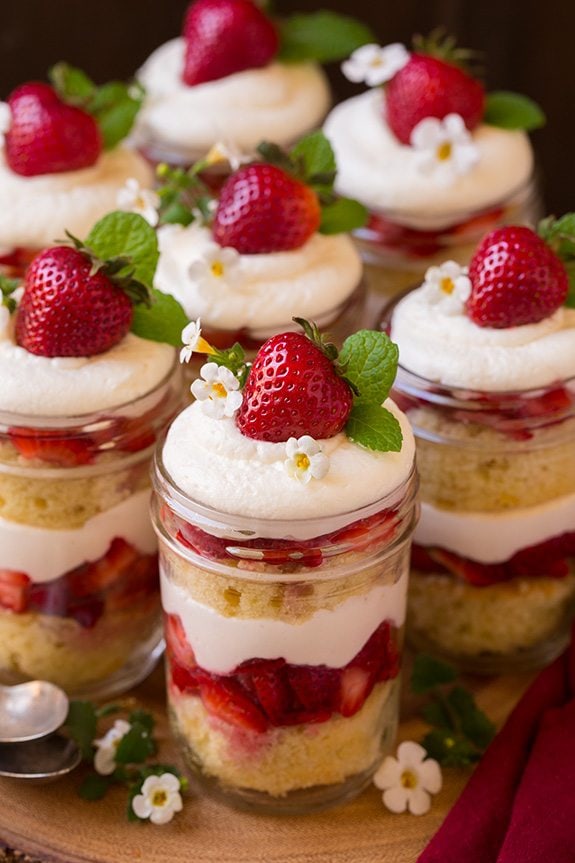 individual Strawberry Shortcake Trifles garnished with fresh strawberries