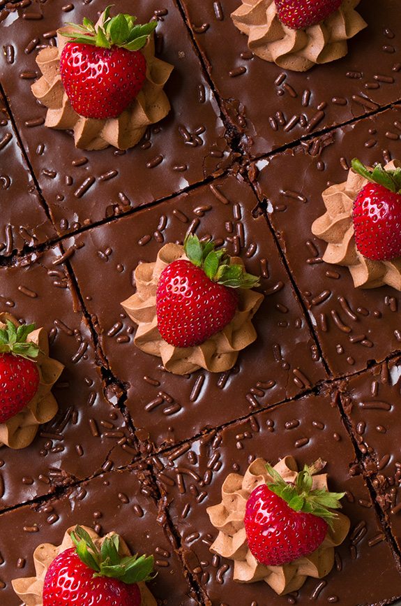 Chocolate Sheet Cake Squares with chocolate mousse and strawberries
