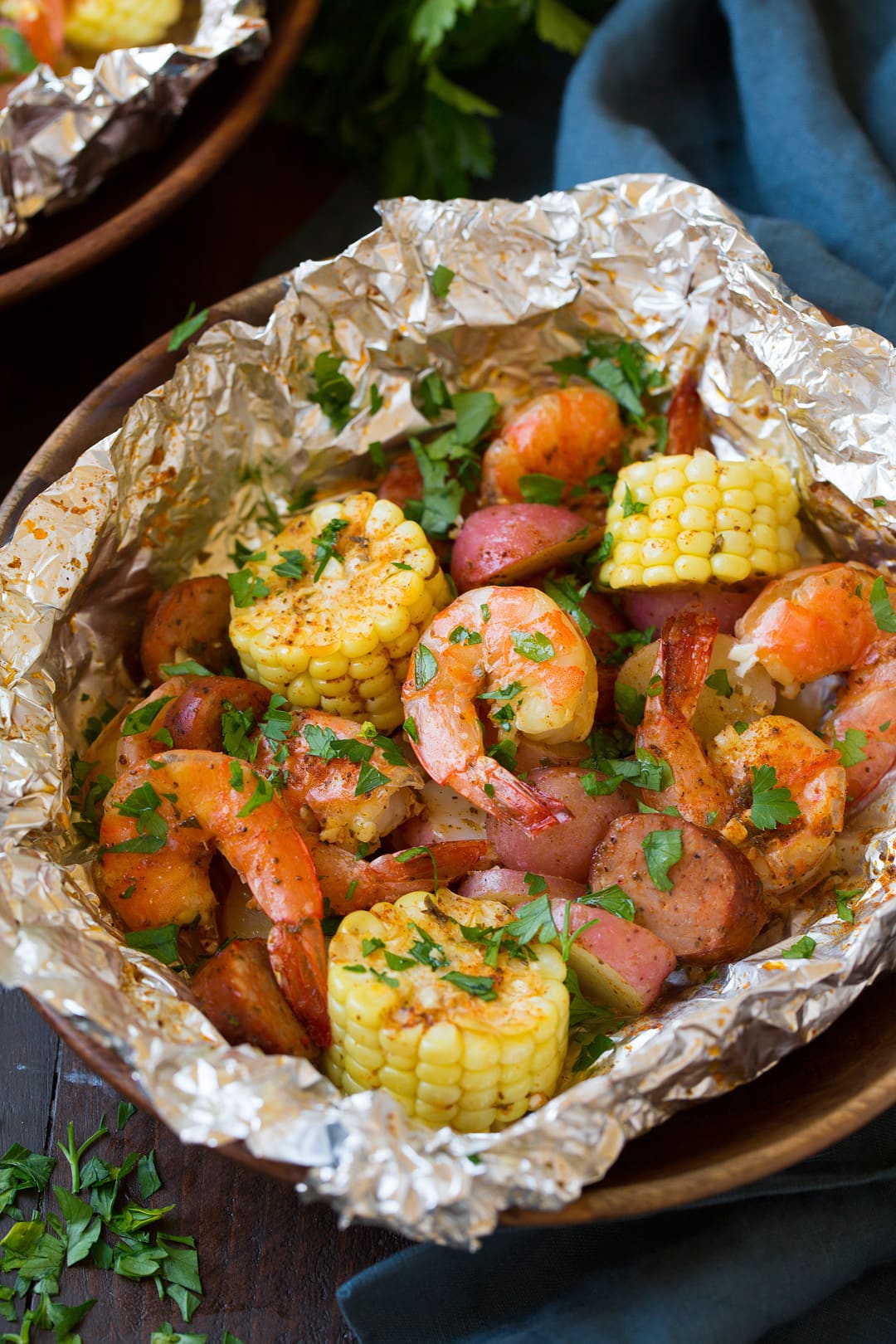 Shrimp Boil Packets Shrimp Boil Packets with shrimp, corn cobs, sausage, potatoes and seasoning.