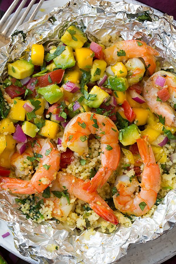 Shrimp and Couscous Foil Packets with Avocado-Mango Salsa | Cooking Classy