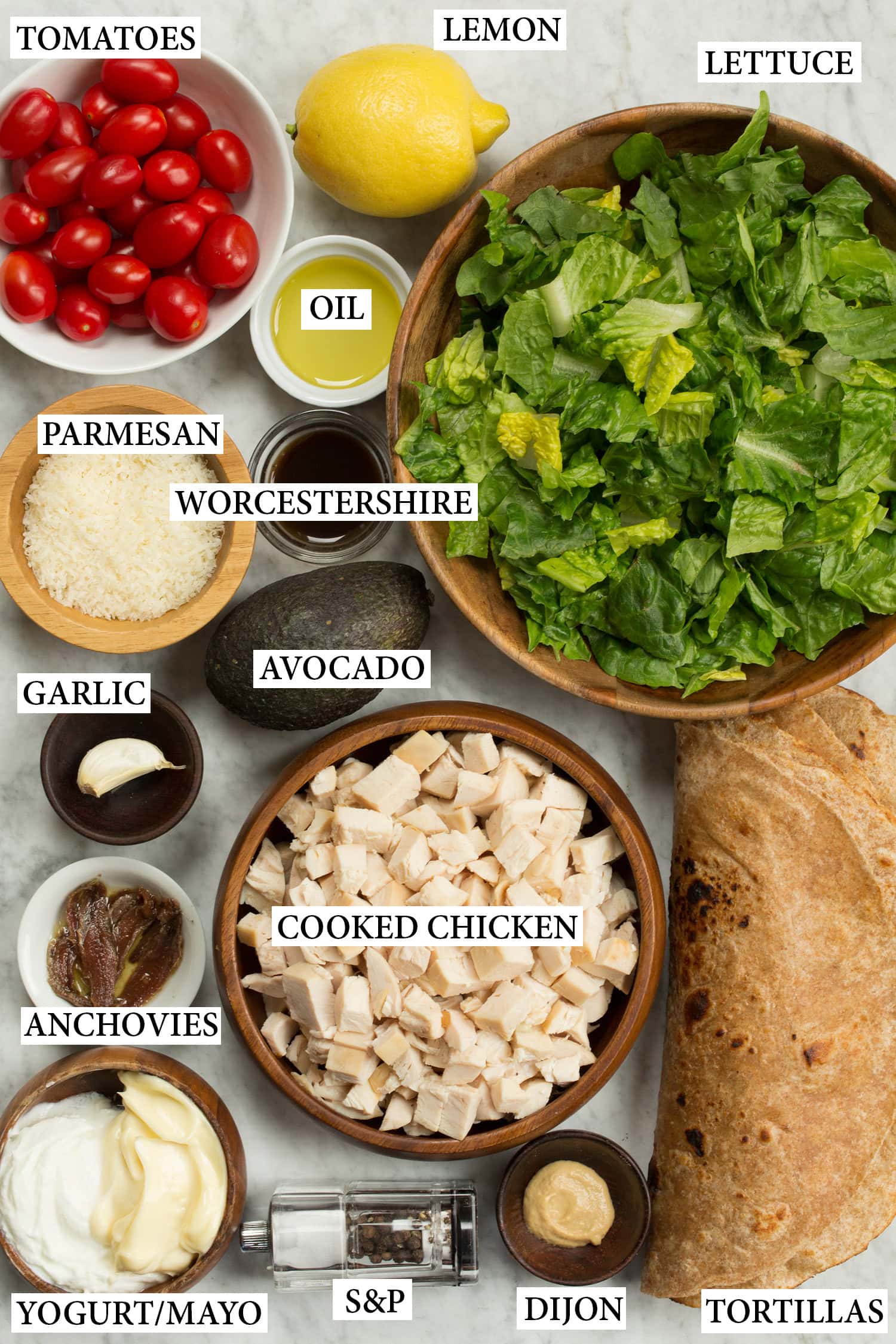 Chicken Caesar Wrap Ingredients used to make chicken caesar wrap.
