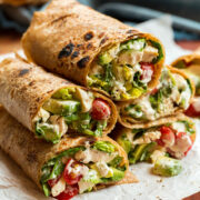 Stack of chicken caesar salad wraps