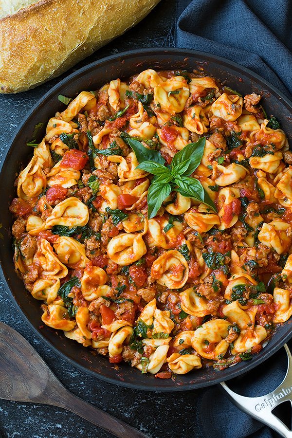 One Pan Turkey Sausage Spinach and Marinara Tortellini