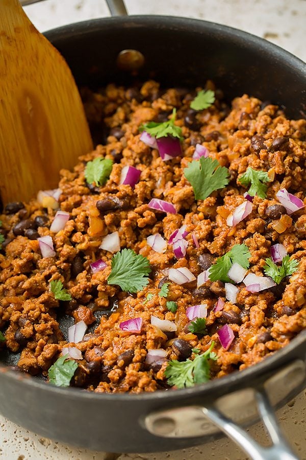 Turkey Black Bean Taco Salad Taco salad filling in a skillet.