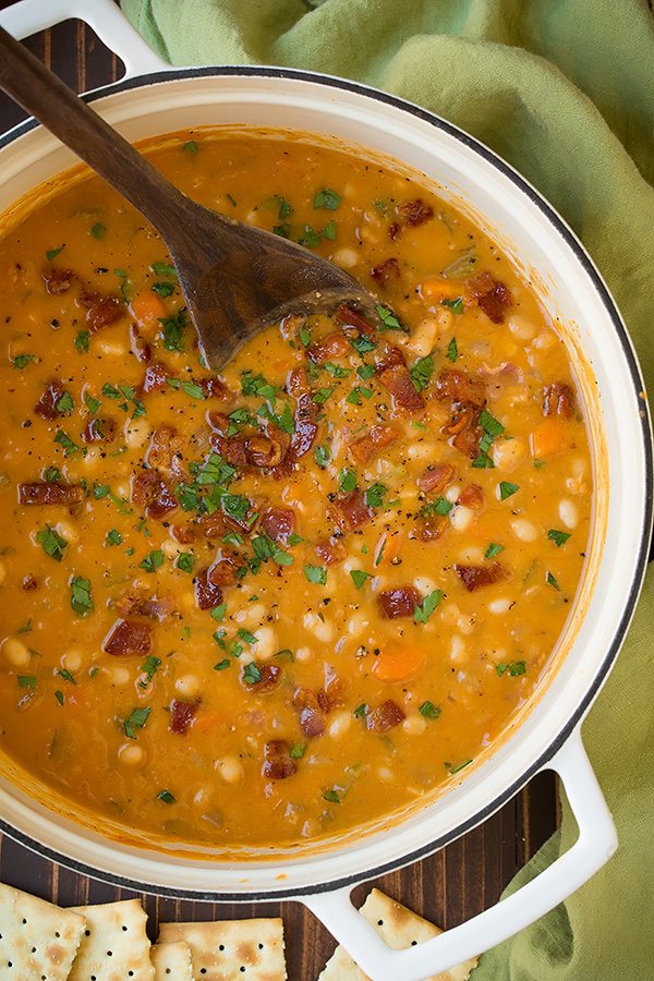 Bean and Bacon Soup Overhead image of bean and bacon soup in a large pot.