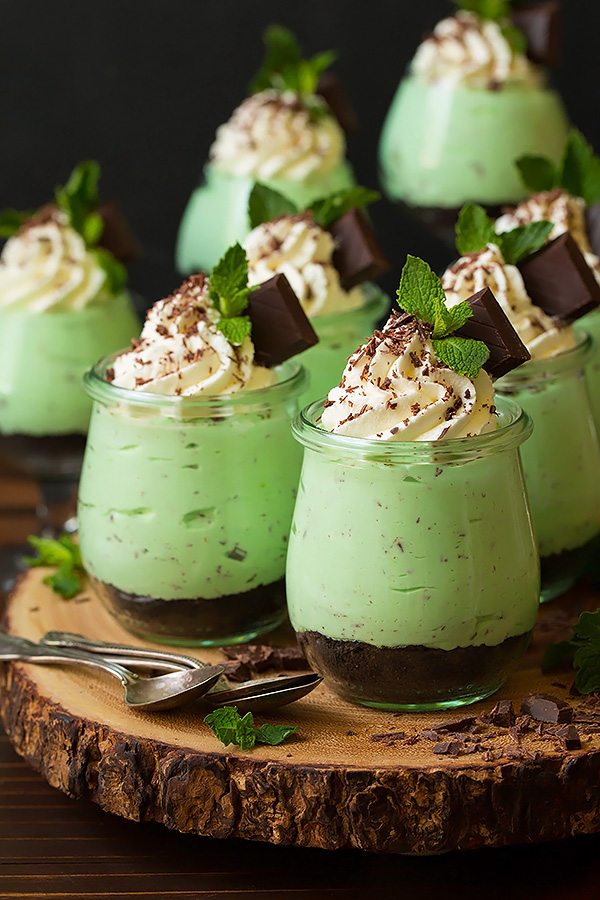 Mint Chip Cheesecake Mousse in individual glass jars.