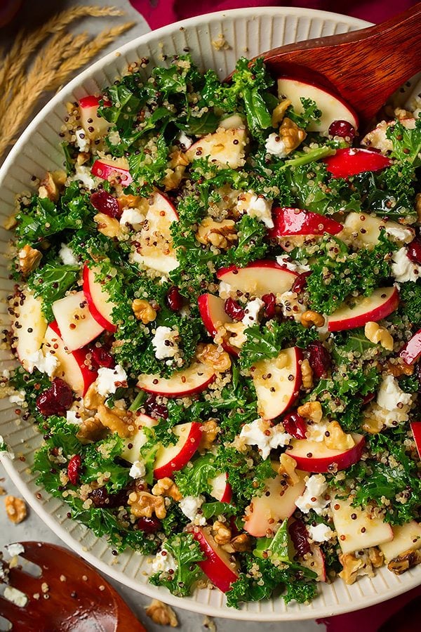 Autumn Apple Kale and Quinoa Salad Kale salad with gala apples, quinoa, walnuts, goat cheese, and cranberries in a ceramic serving bowl. It's dressed with a lemon vinaigrette.