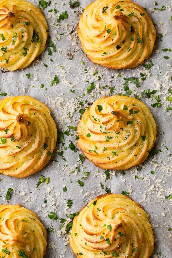 Duchess Potatoes Overhead image of duchess potatoes, showing pretty swirled design.
