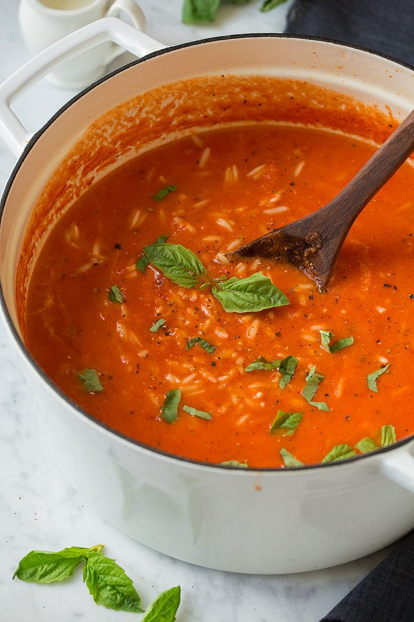 Creamy Roasted Red Pepper Tomato and Orzo Soup | Cooking Classy