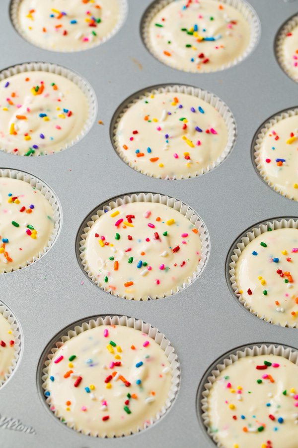 Funfetti Mini Cheesecakes rainbow sprinkle Cheesecake batter in 12 cupcake wells before baking.