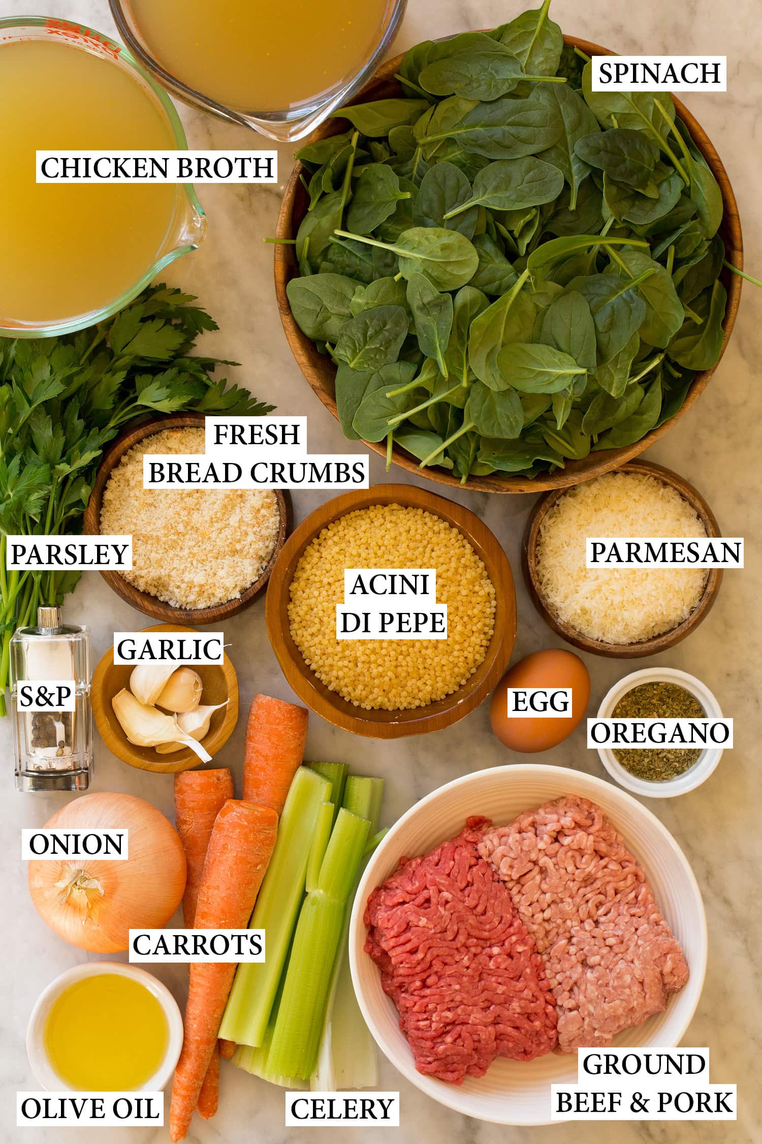 Ingredients needed to make Italian Wedding Soup.