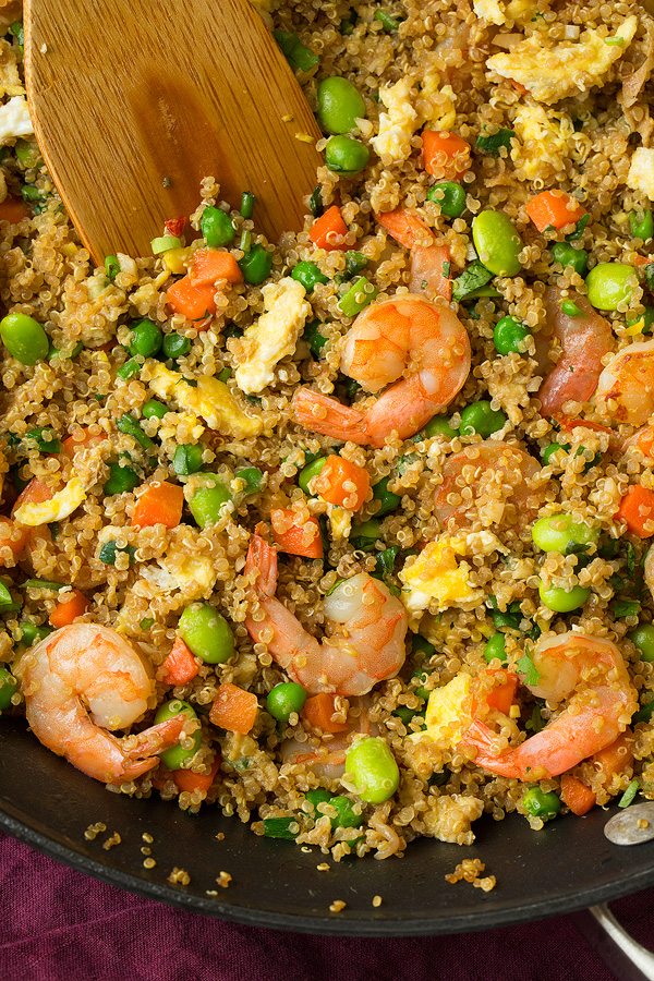 Quinoa Shrimp Fried Rice Shrimp Quinoa Fried Rice close up image in skillet.