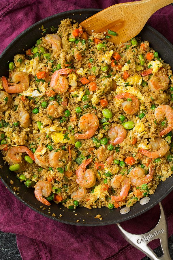 Quinoa Shrimp Fried Rice Shrimp Quinoa Fried Rice in a large skillet, Ingredients include shrimp, quinoa, veggies, eggs and seasonings.