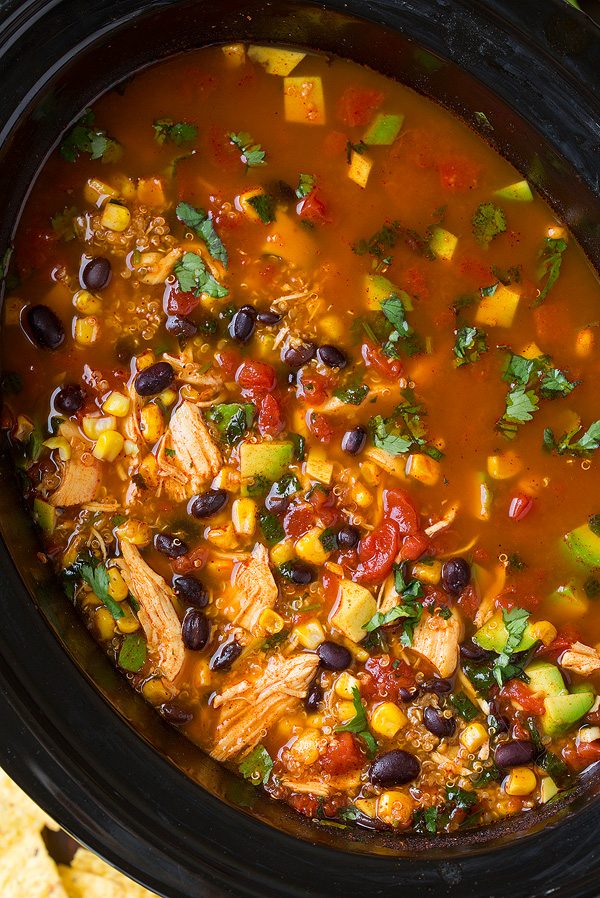 Slow Cooker Chicken Enchilada Soup with Quinoa Chicken Enchilada Soup in a slow cooker.