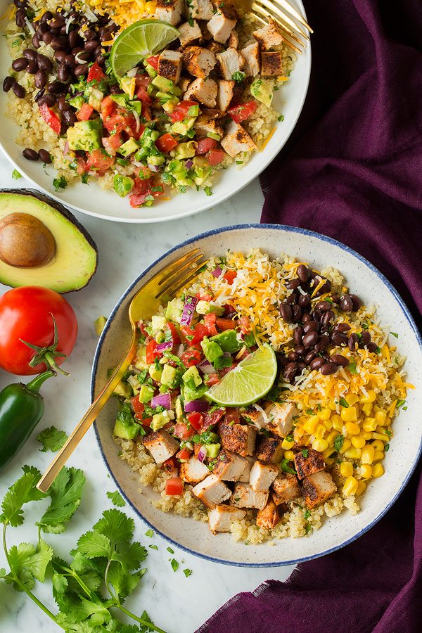 Grilled Chicken Burrito and Quinoa Bowls with Avocado Salsa chicken Burrito bowls with quinoa and veggies.