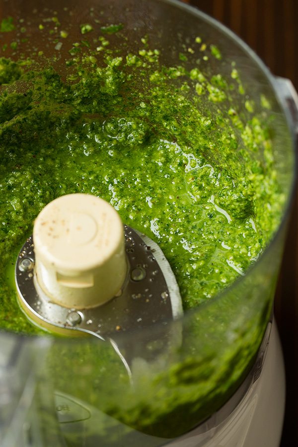 making walnut pesto in food processor