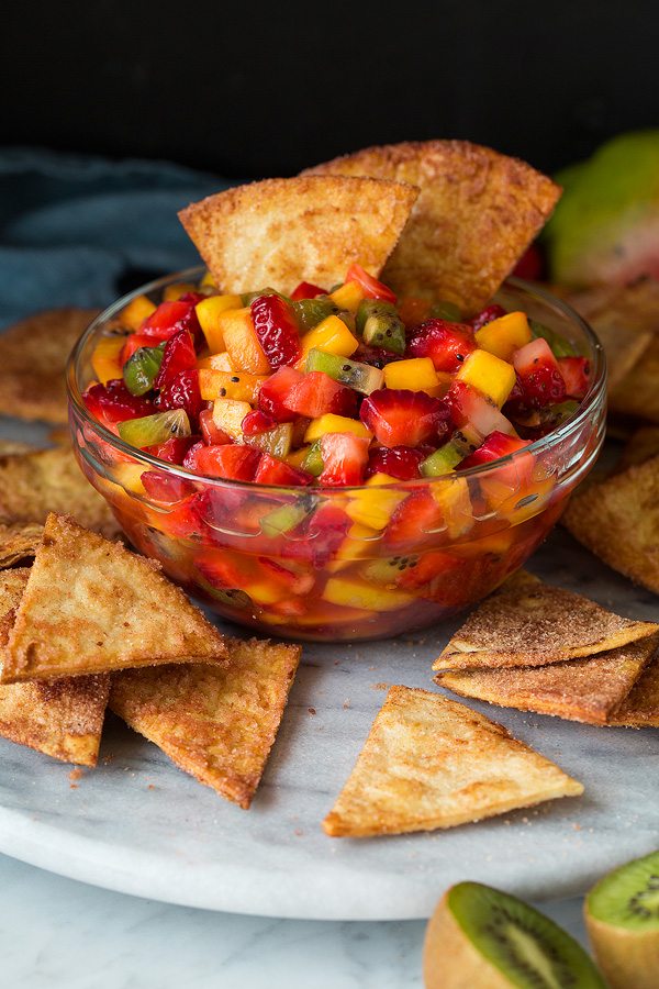 bowl of fruit salsa with cinnamon sugar tortilla chips