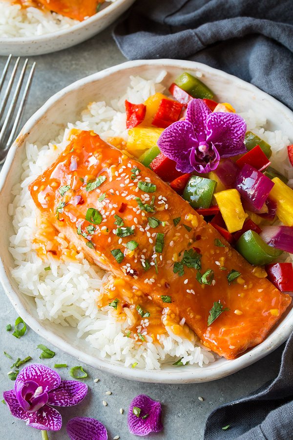 Sweet and Sour Salmon sweet salmon on a bed of rice