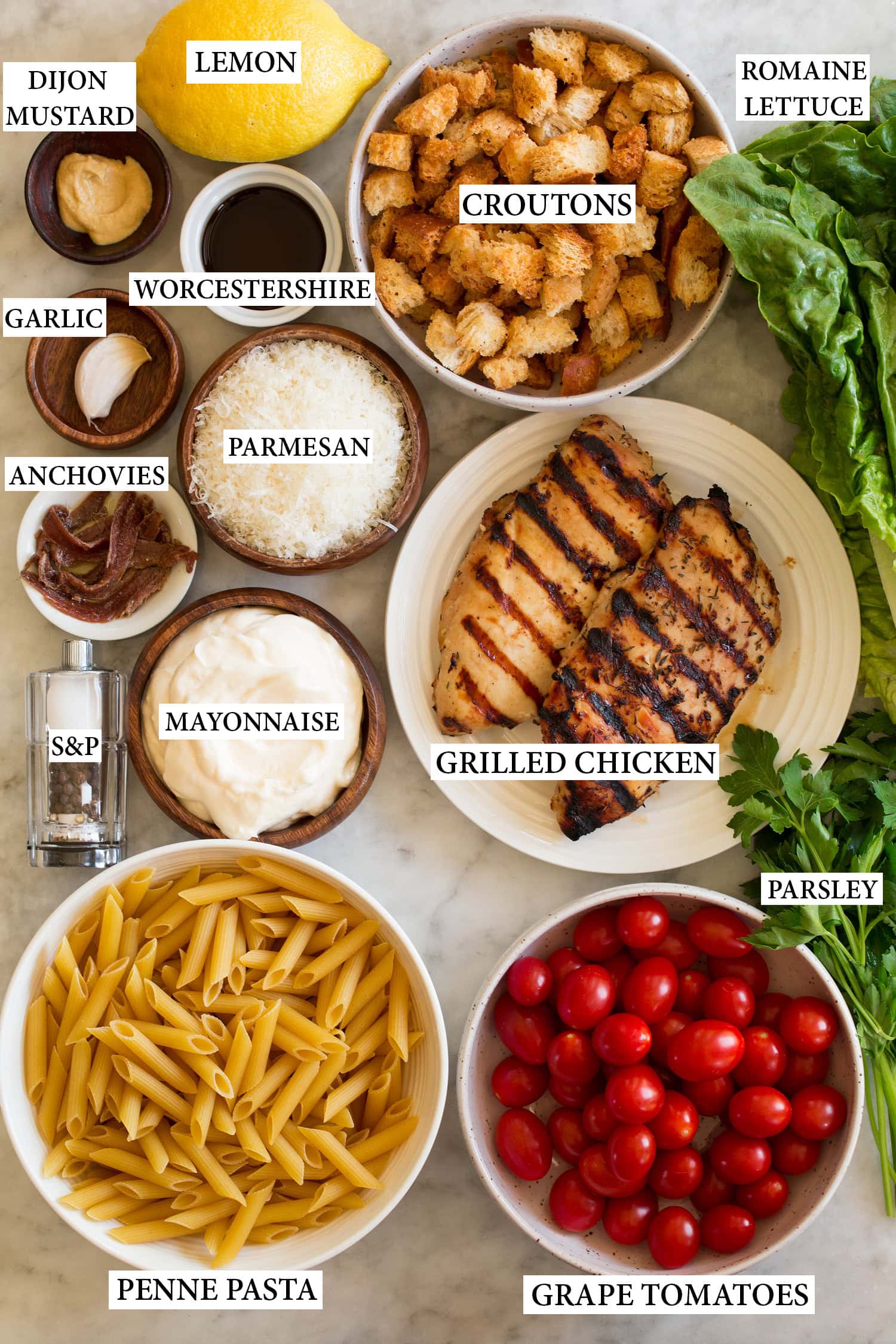 Chicken Caesar Pasta Salad Ingredients needed for chicken caesar pasta salad.