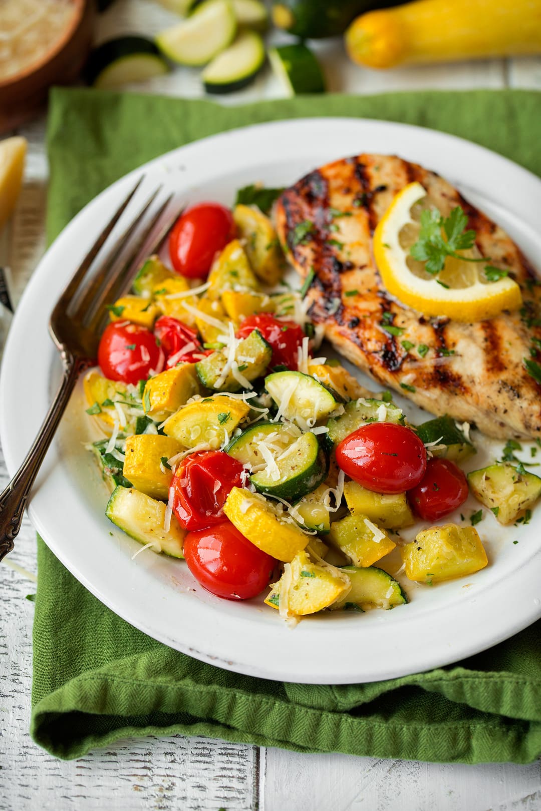 Skillet Garlic Parmesan Zucchini Squash and Tomatoes
