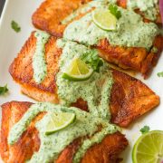 Skillet Seared Salmon with Creamy Cilantro Lime Sauce