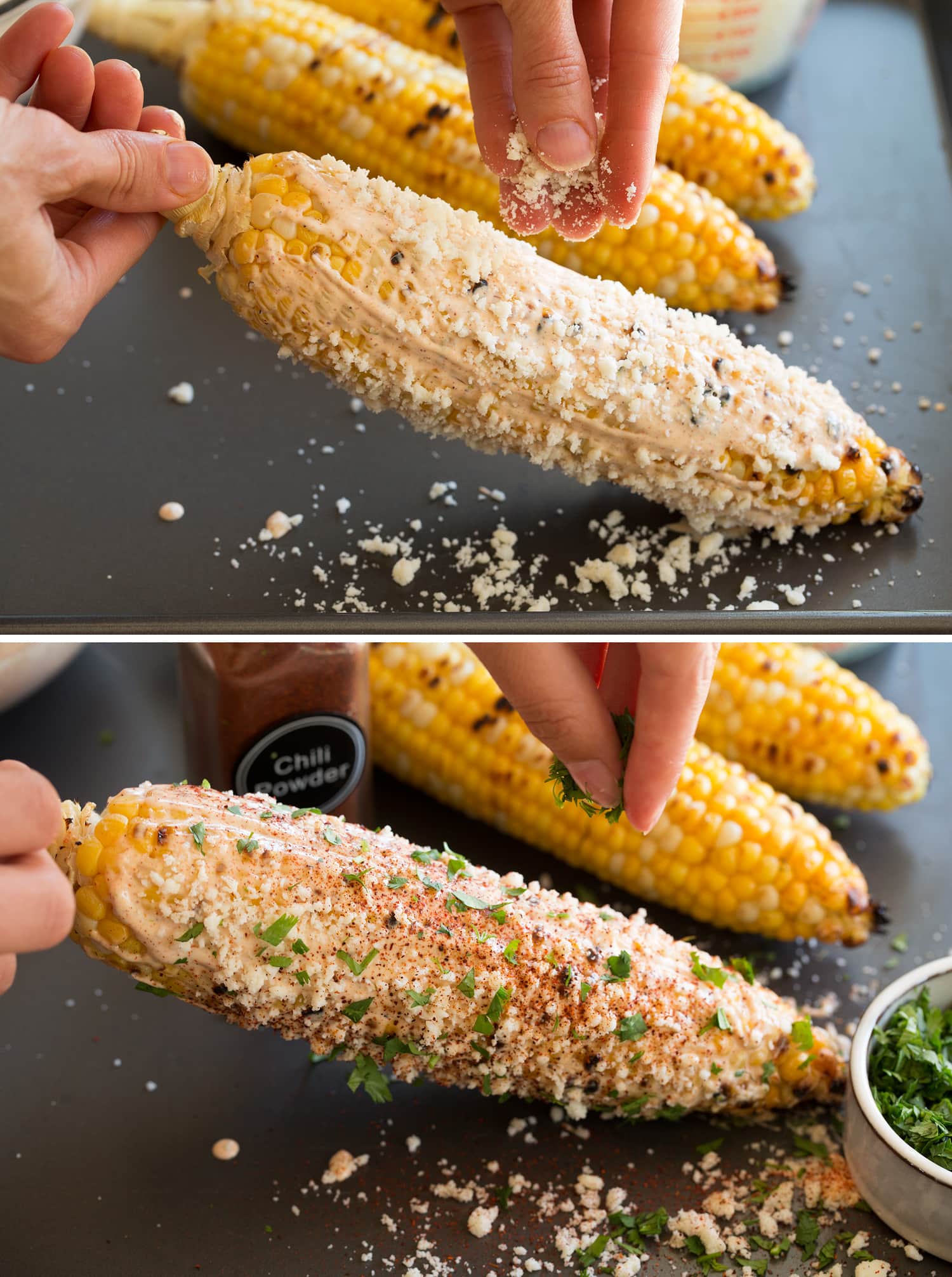 Mexican Street Corn Elotes Adding cotija and chili powder to elotes.