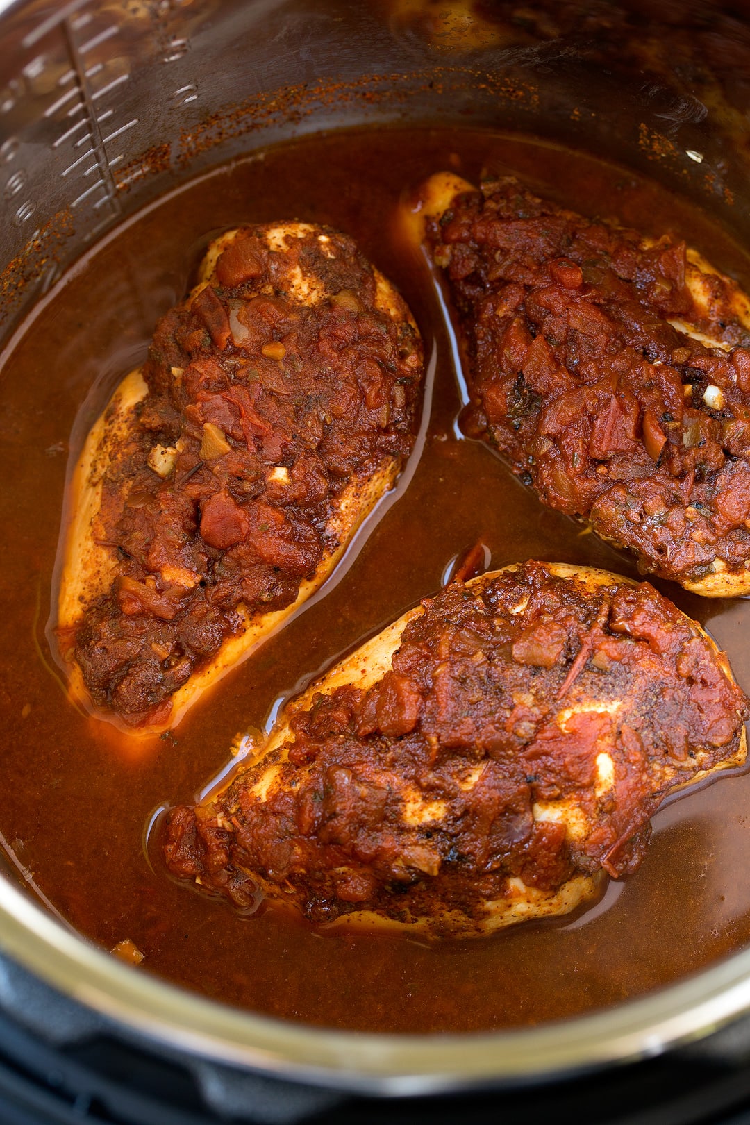 instant pot Salsa chicken filling shown here after cooking.