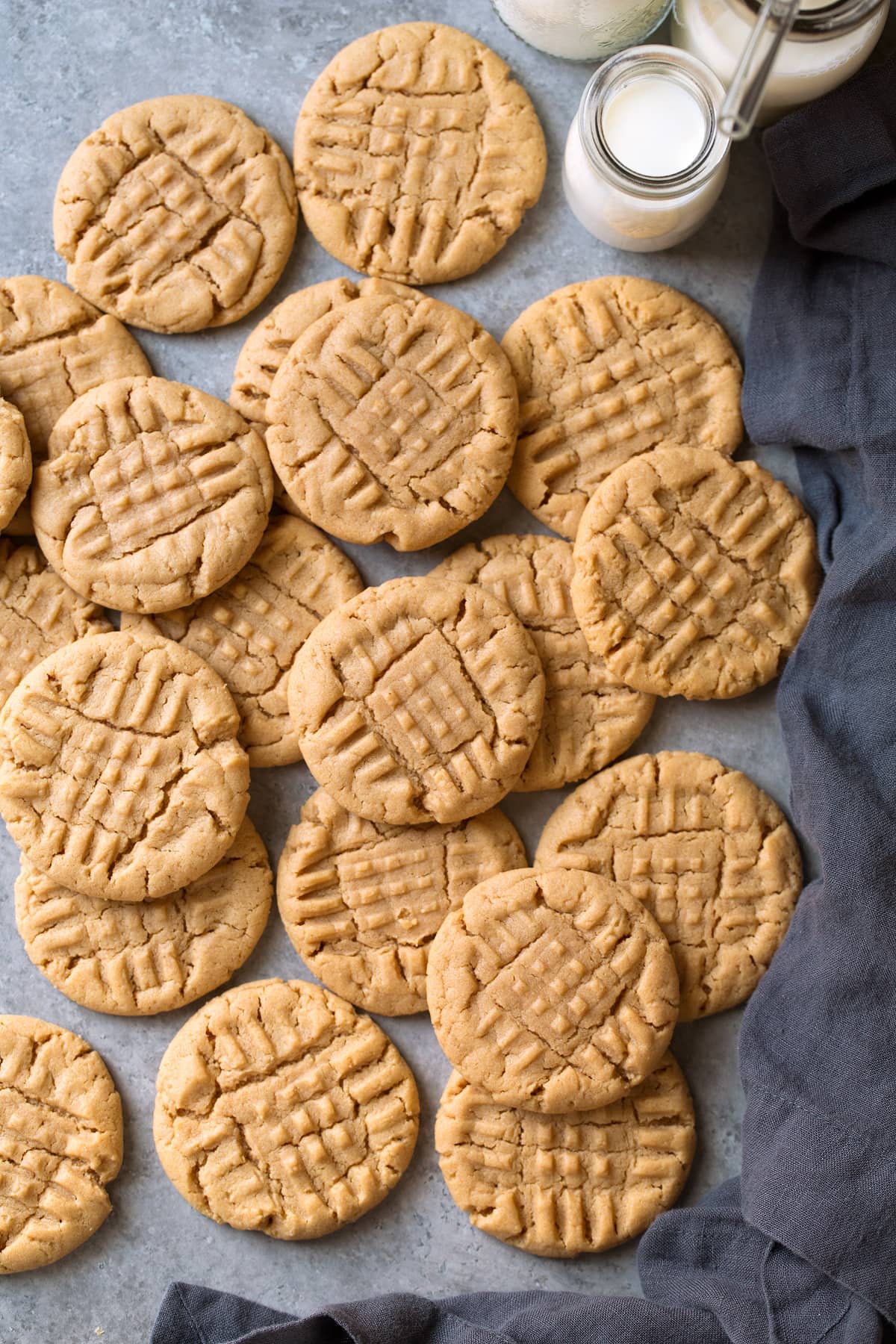 Peanut Butter Cookies Easy to make peanut butter cookies laying on tabletop.
