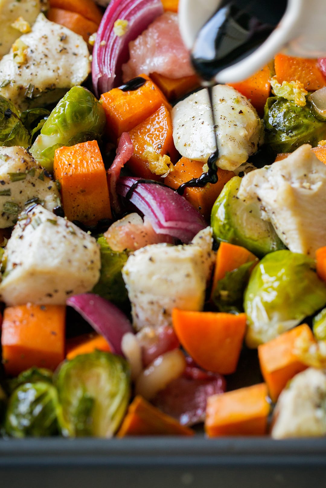 Sheet Pan Chicken Sweet Potatoes and Brussels Sprouts with Bacon and Balsamic Glaze