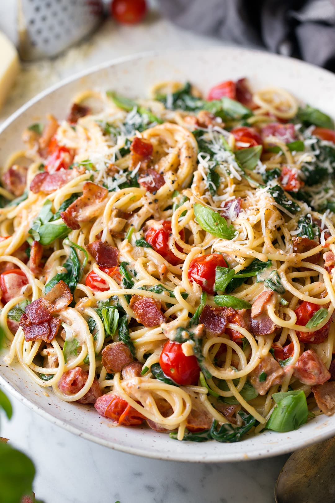 Bacon Spinach and Tomato Spaghetti