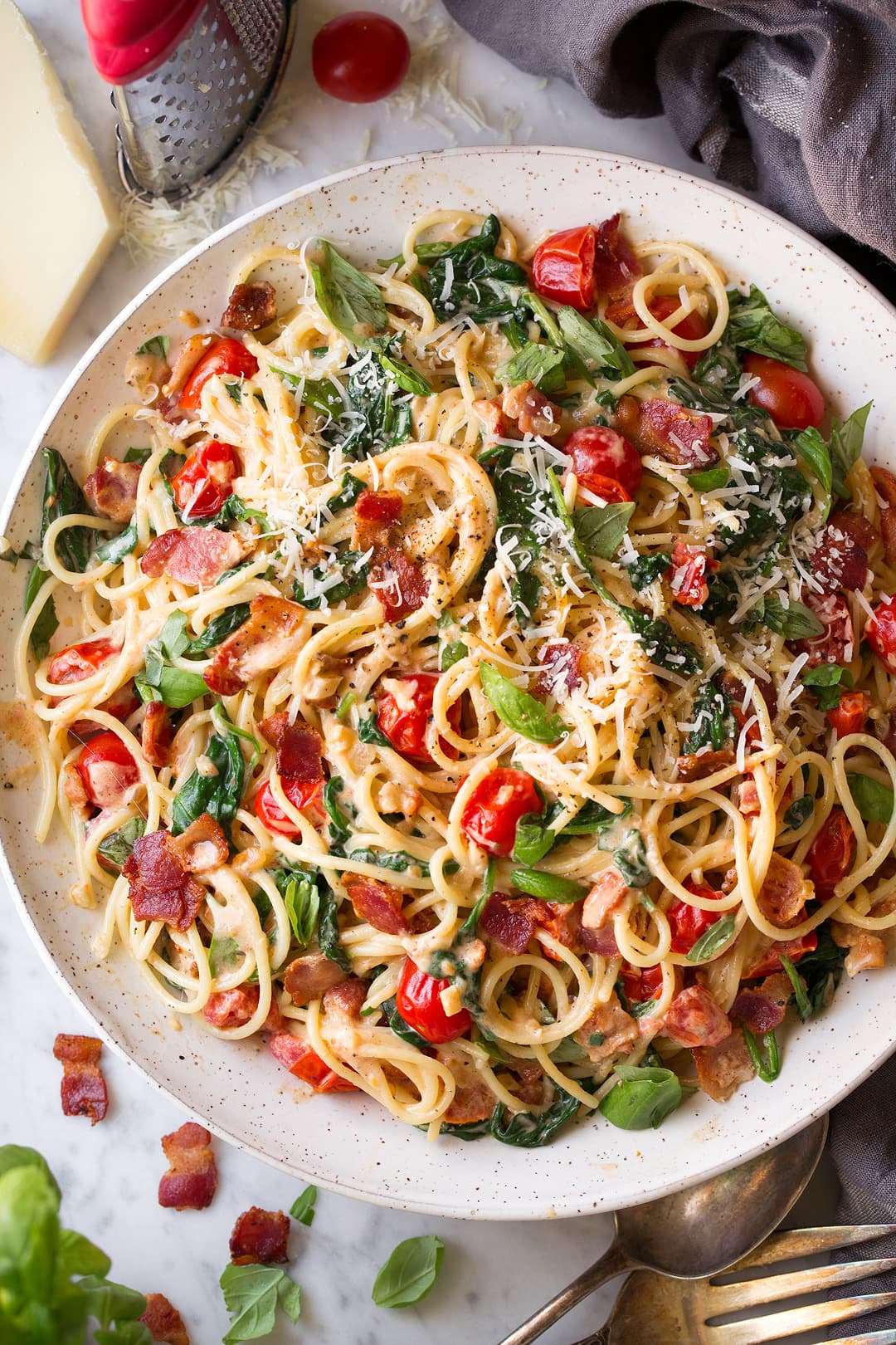 Bacon Spinach and Tomato Spaghetti
