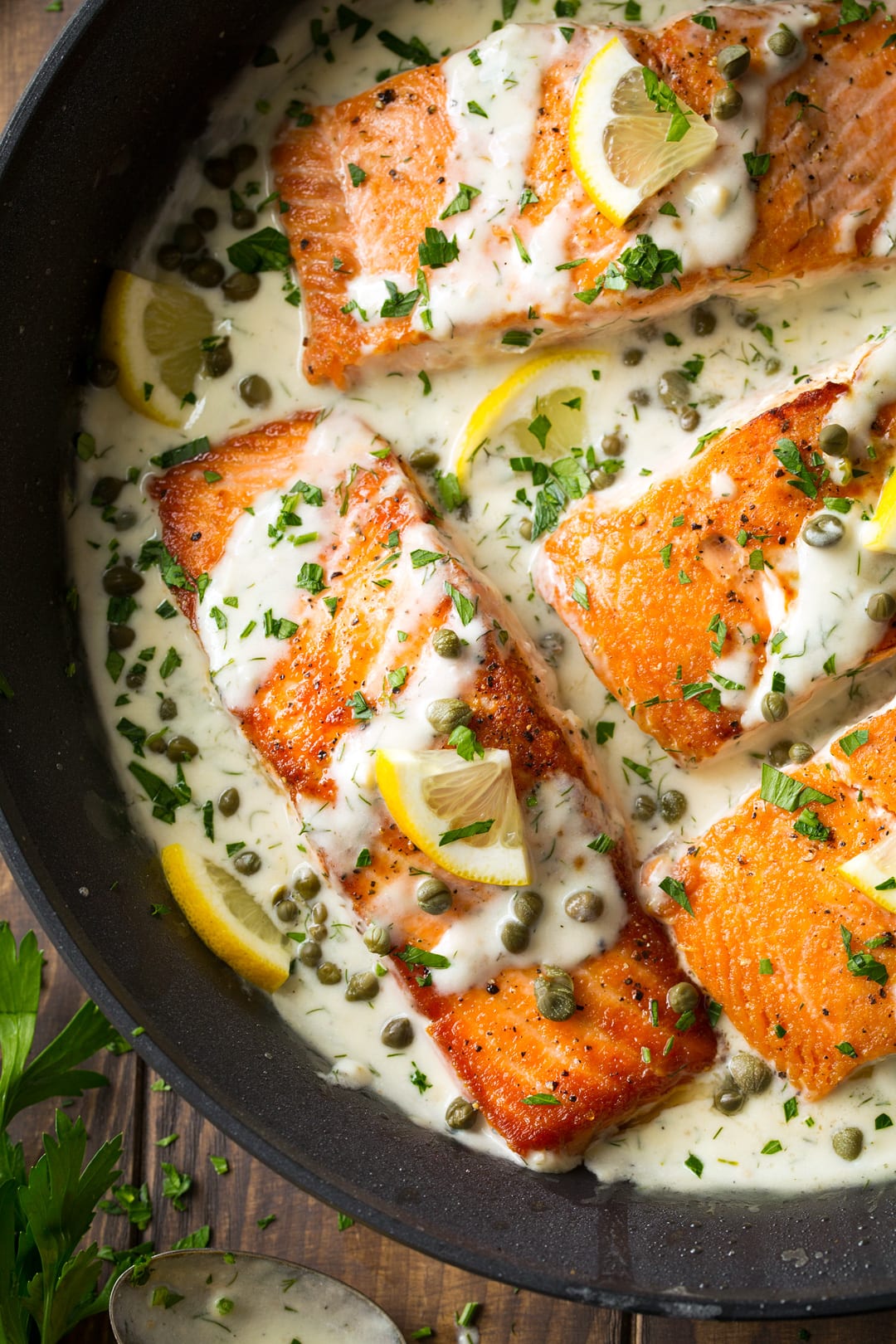 Creamy Salmon Piccata shown here up close.