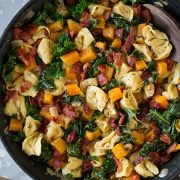 One Pan Creamy Tortellini with Butternut Squash Kale and Bacon