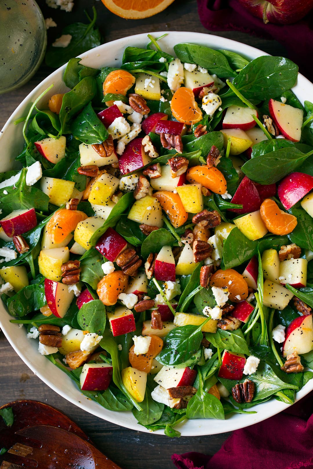 Apple Mandarin Orange Pear and Feta Spinach Salad with Orange Poppy Seed Dressing