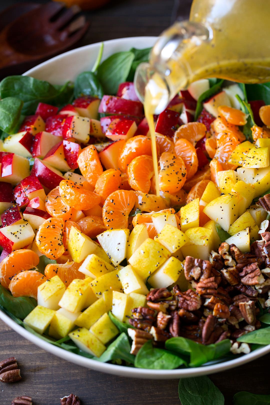 Apple Mandarin Orange Pear and Feta Spinach Salad with Orange Poppy Seed Dressing