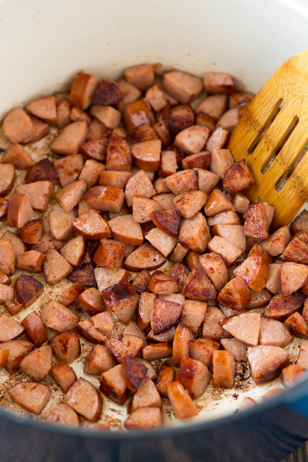Browning sausage in pot for Potato Soup with Sausage and White Cheddar