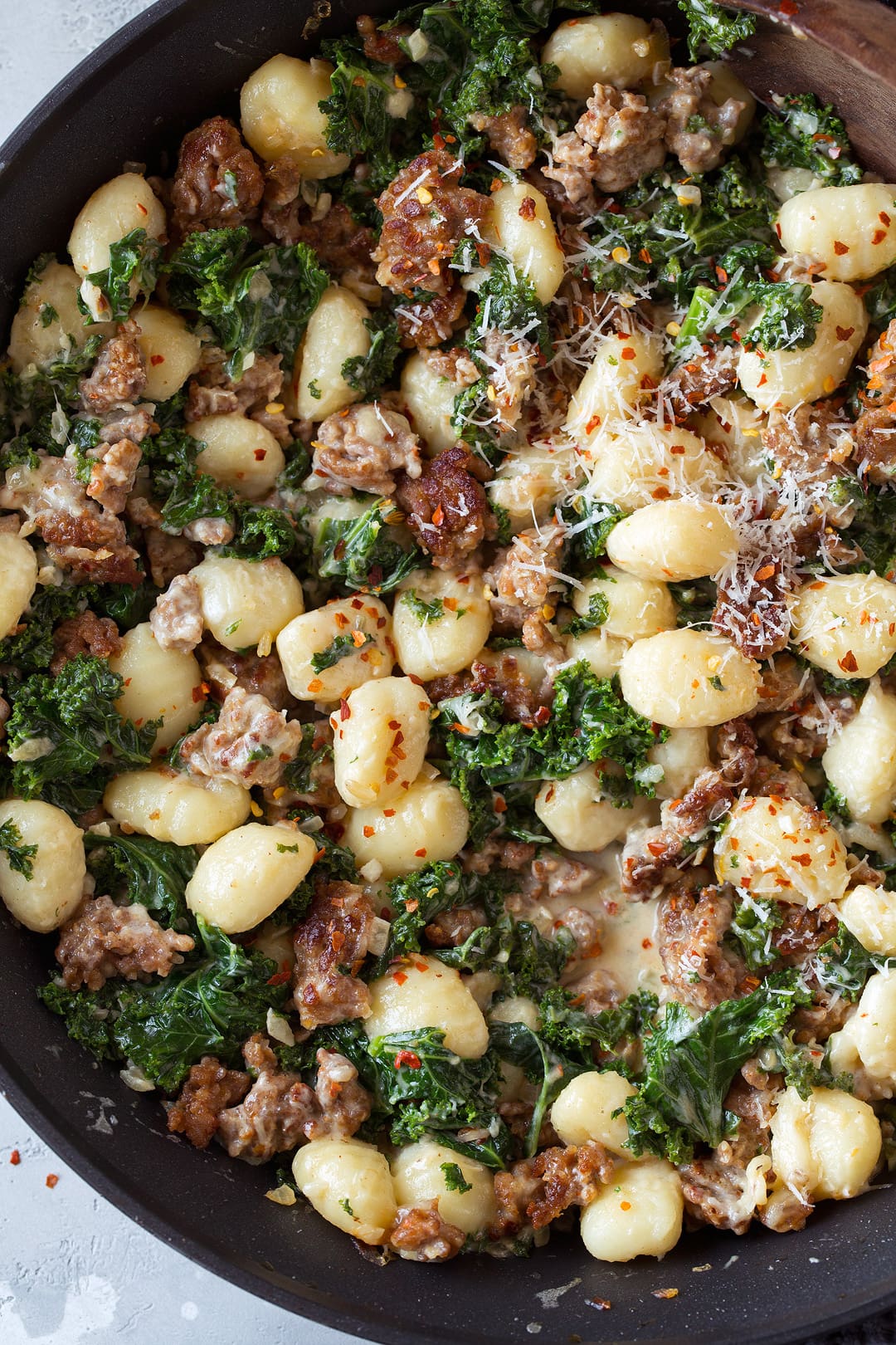 One Pan Creamy Gnocchi with Italian Sausage and Kale