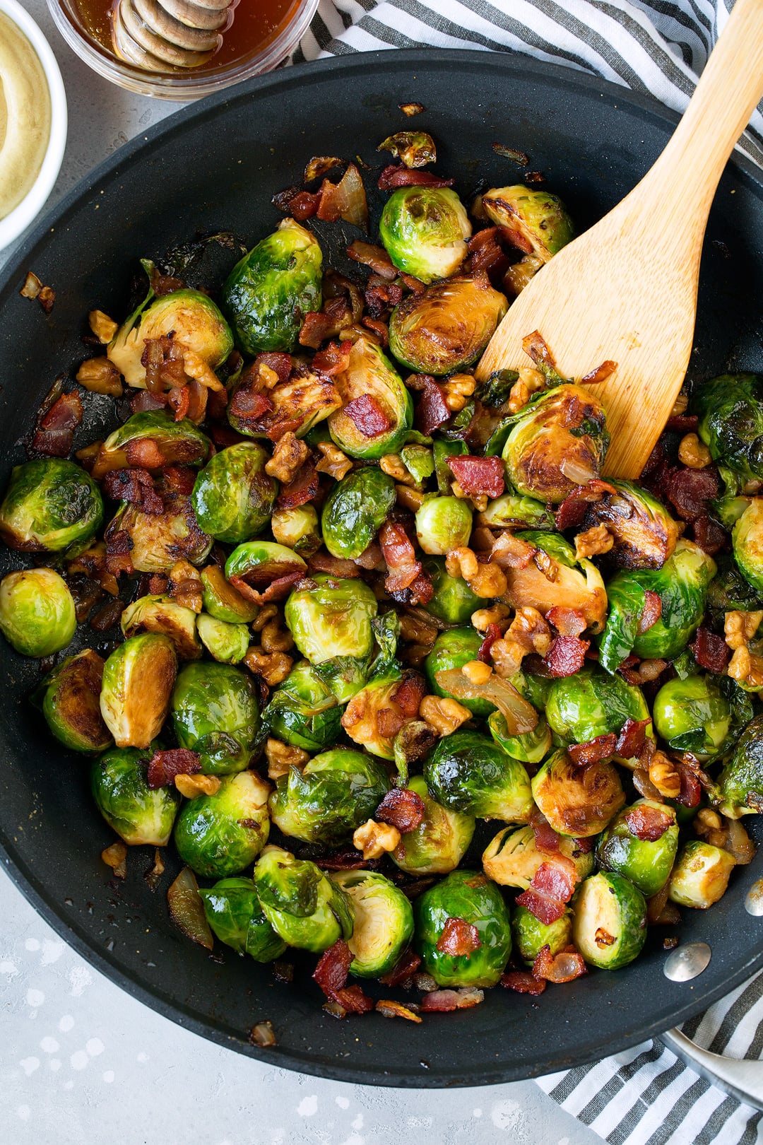 Sauteed Brussels Sprouts with Bacon Onions and Walnuts