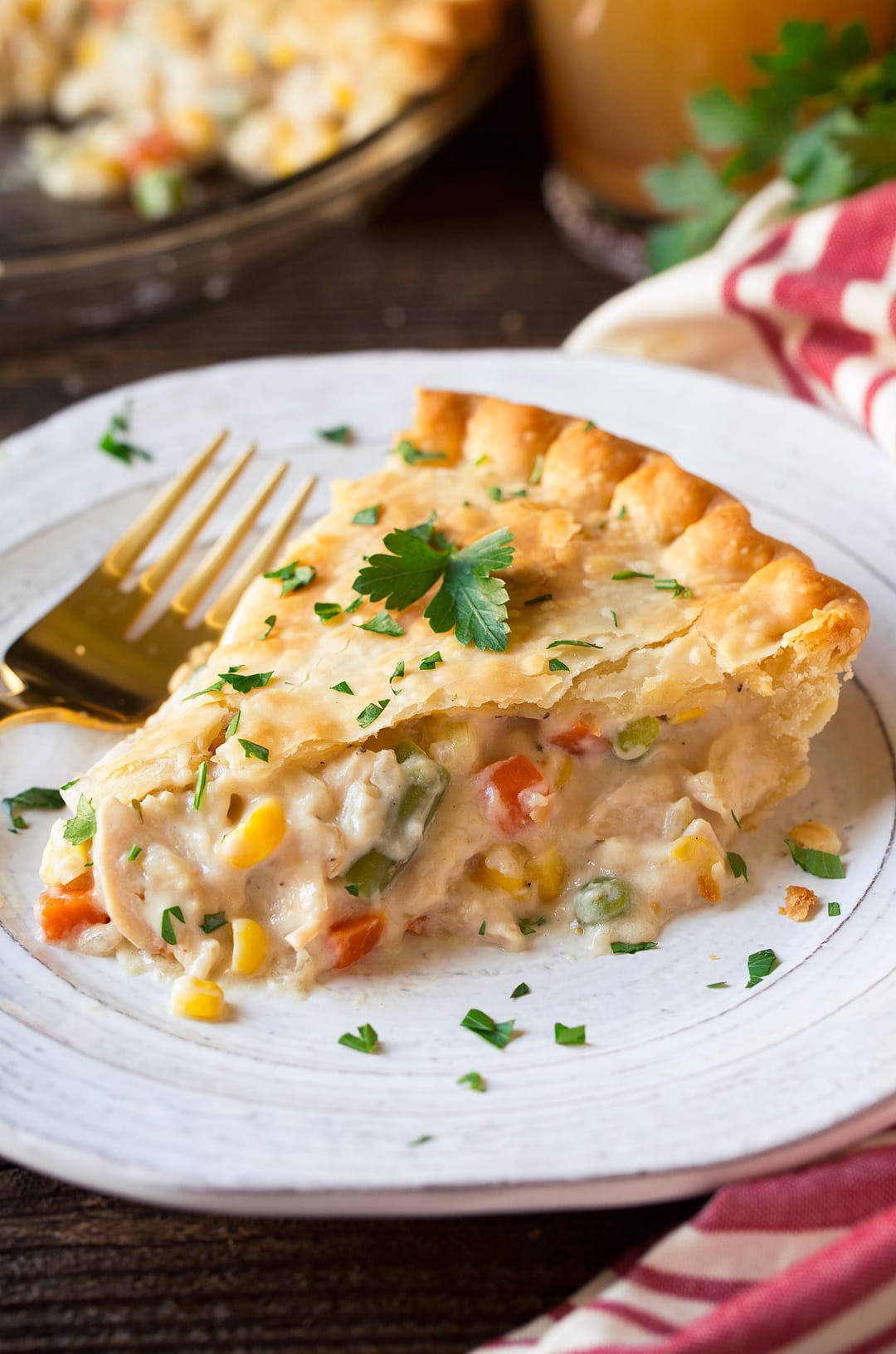 Slice of chicken pot pie on a plate