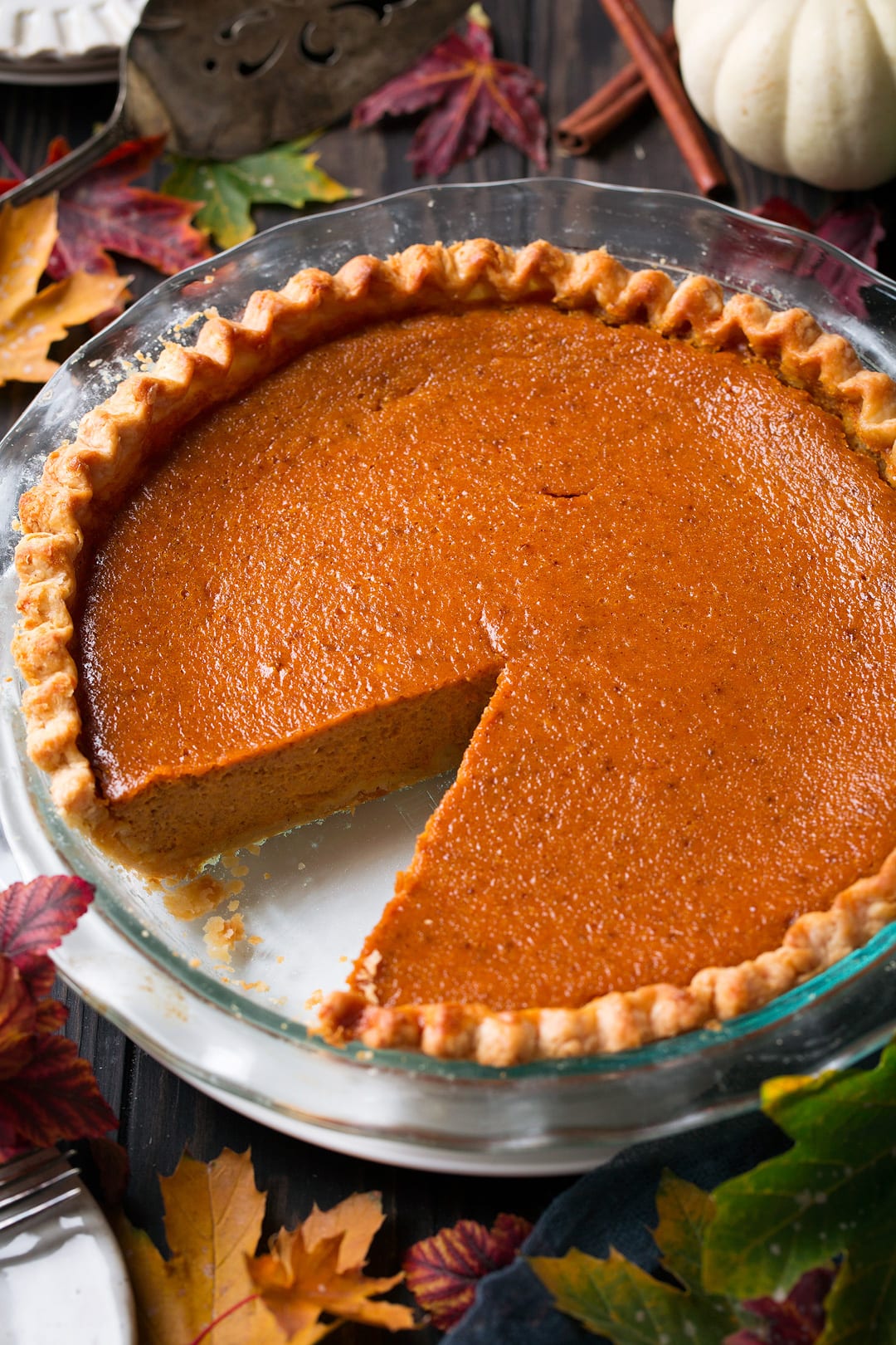Pumpkin Pie with blind baked crust in a glass baking dish