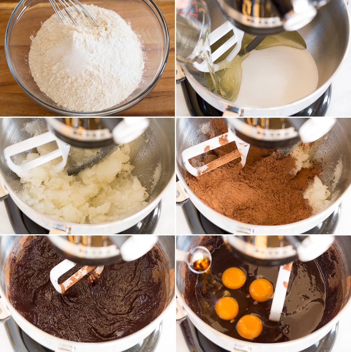 Chocolate Crinkle Cookies Collage of six images showing how to make chocolate crinkle cookies. First image is mixing dry ingredients in mixing bowl. Next shows mixing oil and sugar in stand mixer and shows it blended after. Then shows cocoa before and after mixing in. And last adding in eggs.
