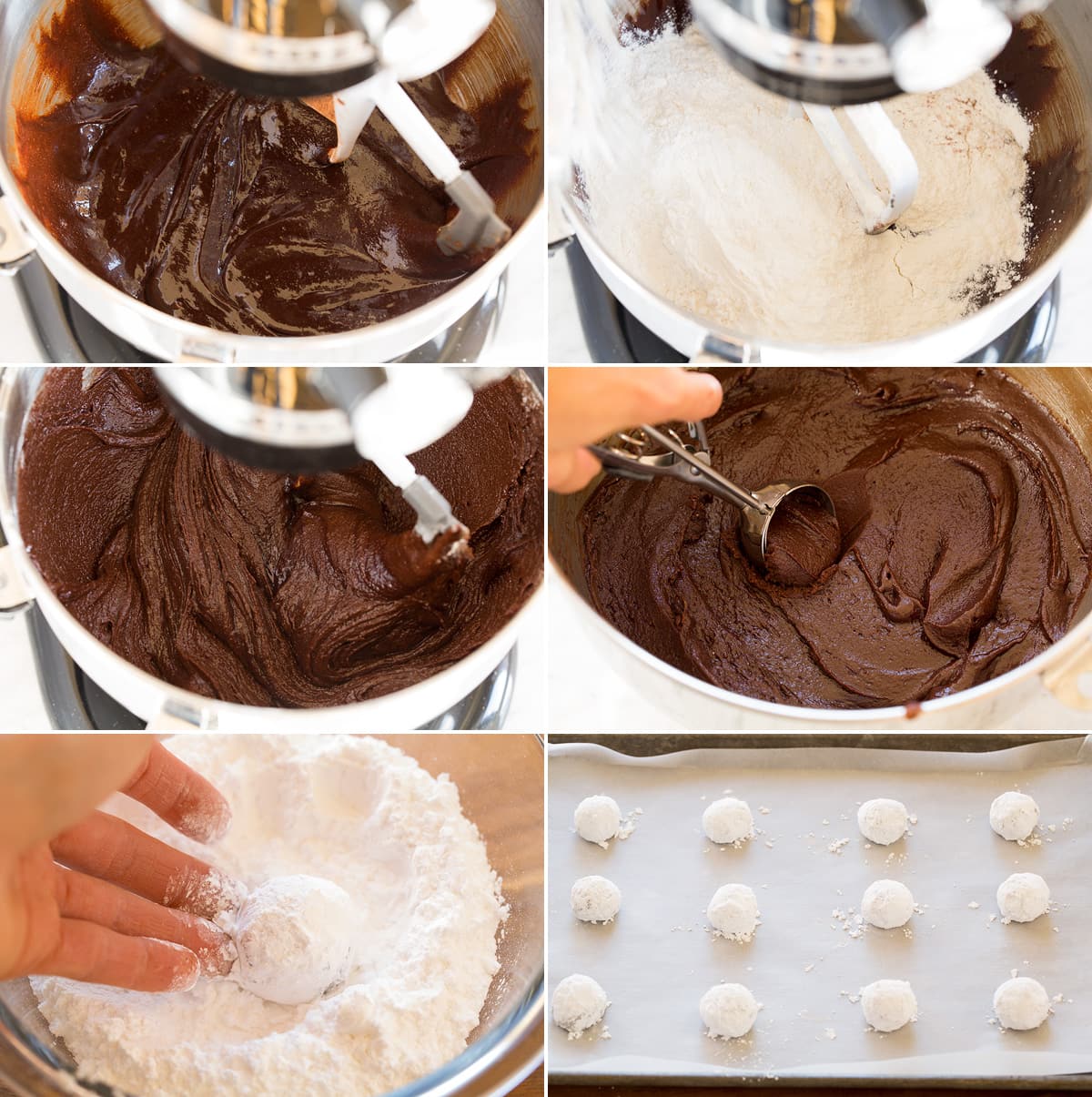 Chocolate Crinkle Cookies Collage of six images showing steps to finishing crinkle cookie dough by mixing in flour. Then shows scooping it out with a cookies scoop after dough is chilled and more solid. Then image shows rolling in powdered sugar and last includes dough balls on baking sheet.